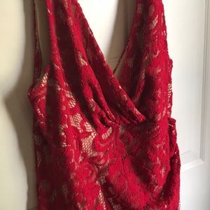 Betsy & Adam 14 Red Laced Sleeveless Long Gown